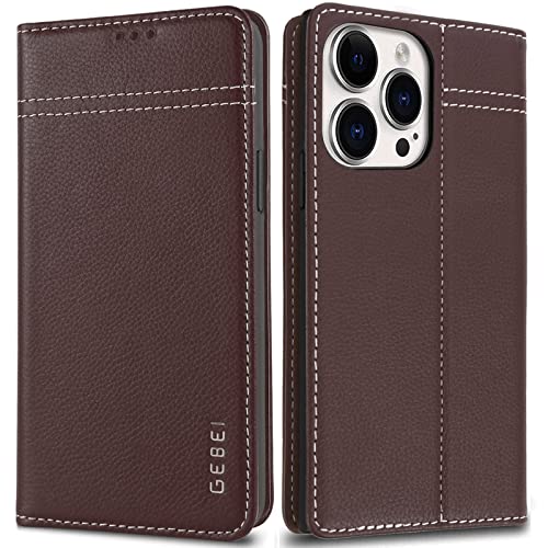 Gebei Hülle Echt Leder für iPhone 14 Pro Max (6,7") - Premium Echte Lederhülle mit Standfunktion Kartenfach Magnetverschluss Flip Case Ledertasche Han