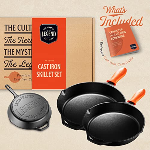 Legend Cookware Cast Iron Skillet Set Large 10” & 12” Frying Pans with