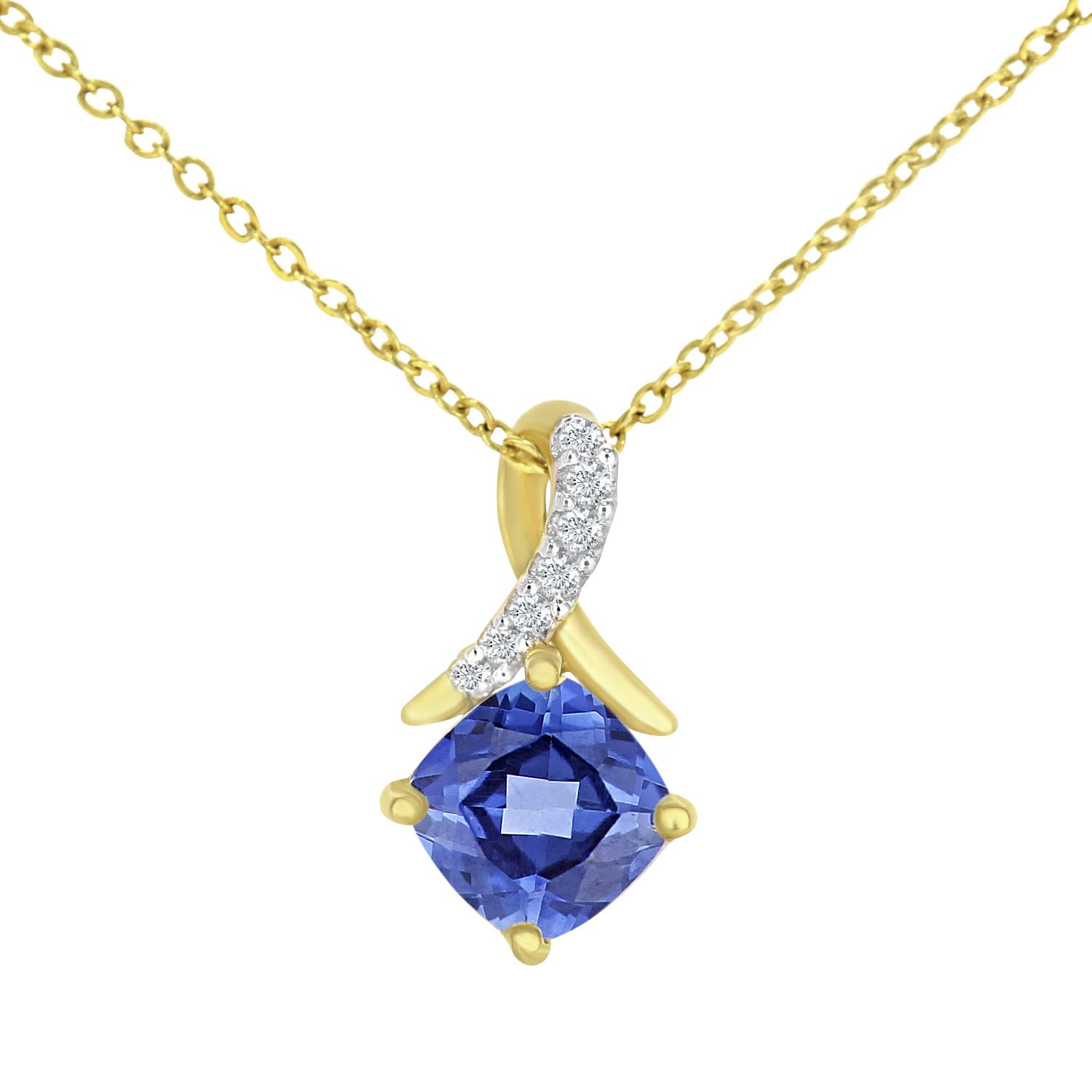 Elegano 9ct Yellow Gold 46 cm Women’s Necklace – Square Tanzanite Drop Pave Set Diamond Twist Pendant