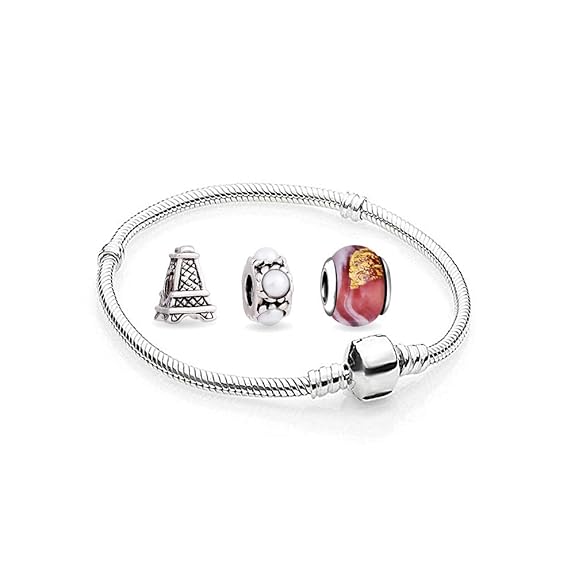 Damen Herz Charms Beads 1 Armband und 3 Anhänger Starter Set Angebot Zirkonia Murano Glas bettel Pandora Style Bead kompatibe