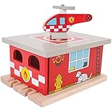 Bigjigs Rail Firestation Shed with Helipad & Fire Rescue Helicopter - Other Major Wood Rail Brands are Compatible