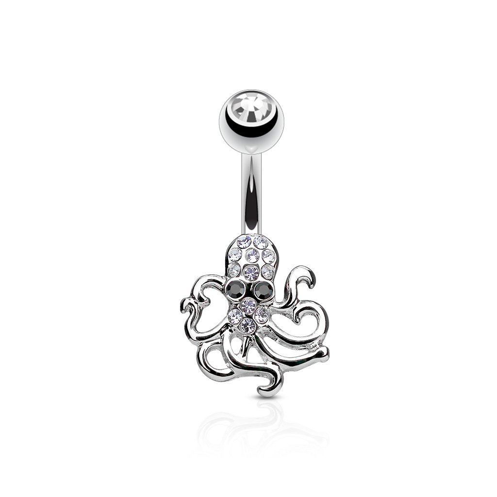 PiercedOff 316L Surgical Steel Belly Bar with Clear CZ Octopus - Thickness 14GA (1.6mm) / Length 10mm / Ball Size 5mm / Octopus 10 x 11mm