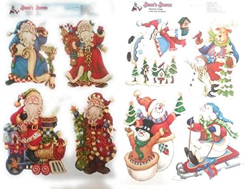 2 CHRISTMAS Santa and Snowman Glitter Window Clings Bundle Large Visible from Both Sides Reusable Great Value