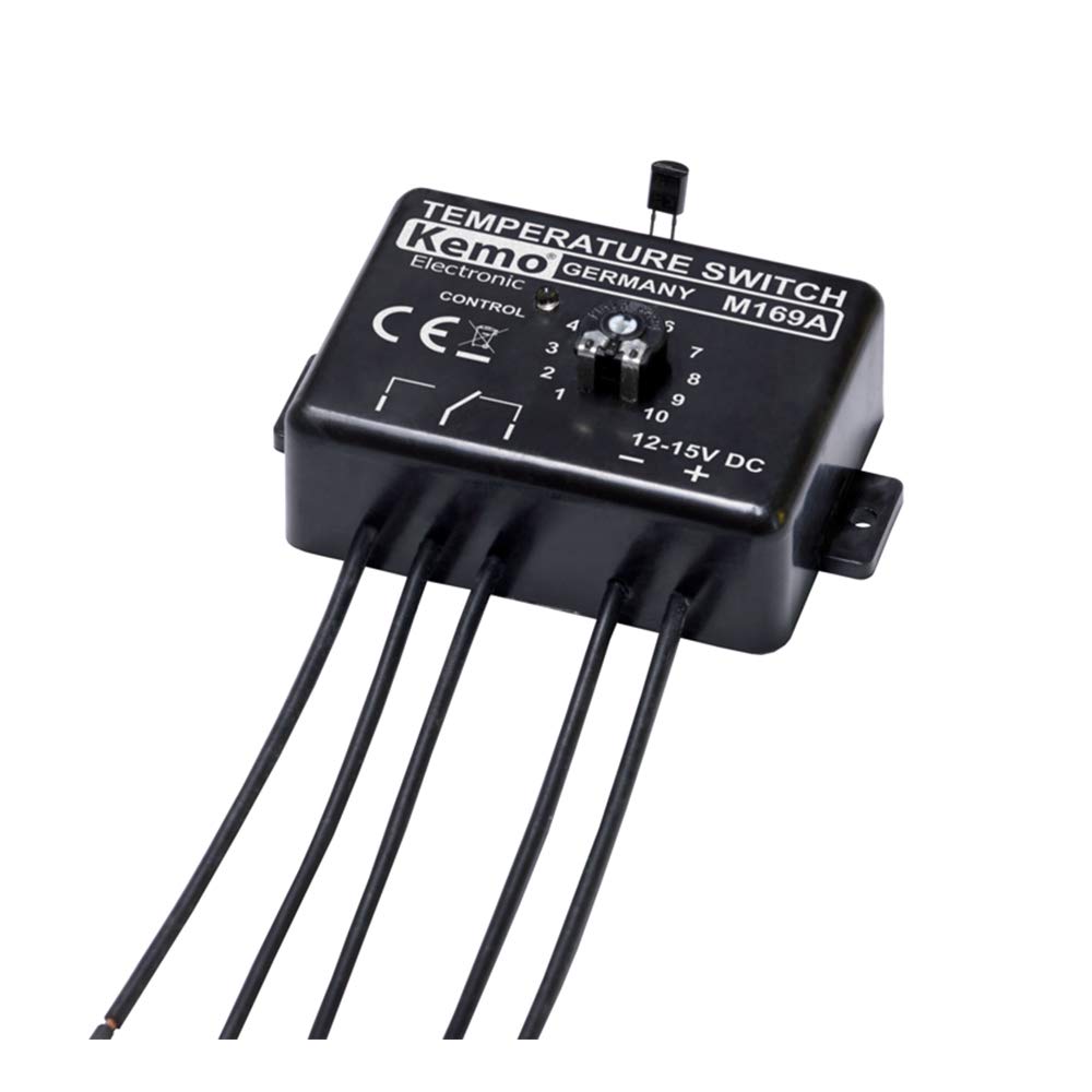 Kemo M169A Adjustable Electronic Temperature Switch Thermostat 12 V/DC. Temperature switching range 0-100 °C. Connection with control electronics possible