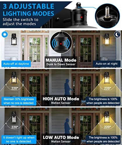 Outdoor Lights with GFCI Outlet, HIHUOS Dusk to Dawn Motion Sensor Porch Light Fixture, 3 Lighting Modes Outside Wall Lantern, Waterproof Anti-Rust Exterior Sconce Lights for House Garage Patio
