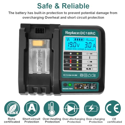 Powarobor DC18RC 18V Fast Charger Compatible with Makita 14.4V-18V Replacement Battery with LCD Display BL1830B BL1850B BL1860B