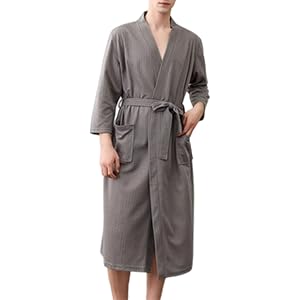 Lmdudan Men Waffle Kimono Robe Long Bathrobe with Belt and Pockets, Casual Loungewear Housecoat Sleepwear for Spa Resort Home