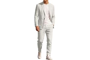 Xiaojmake Men's 2 Piece Linen Suit Set Regular Fit One Button Solid Blazer Jacket & Pants Tuxedo Suits for Wedding Business