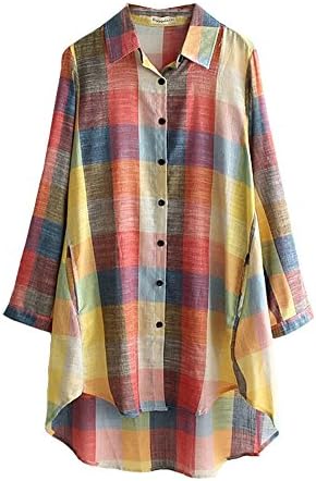 HOOBEE LINEN Women's Roll Up Sleeve High-Low Hem Plaid Shirt Top with Pockets