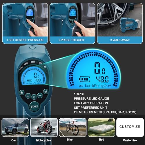 Powarobor 18 V Battery Compressor Compatible with Makita 18 V Batteries, 10.34 Bar Battery Car Compressor/Wireless Air Pump for Bicycle/Car/Motorcycle, 150 PSI, Automatic Stop, LED Lamp (without Battery, without Charger)