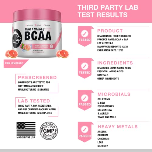 Honey Badger BCAA Amino Acids Powder Vegan Keto Pink Lemonade BCAAs