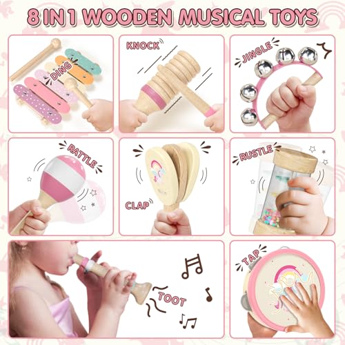 Lehoo Castle Musical Instruments for Children from 1 Year, Girls Montessori Toy Gift 2 3 Years, Children's Wooden Instruments Music Set with Xylophone & Drum