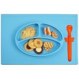 Silicone Baby Placemat + 3 Compartment Food Plate with Silicone Spoon Included - Portable Non Slip Mat - Meal Prep for Feeding Babies Toddlers and Kids - Suction Tables (Blue)