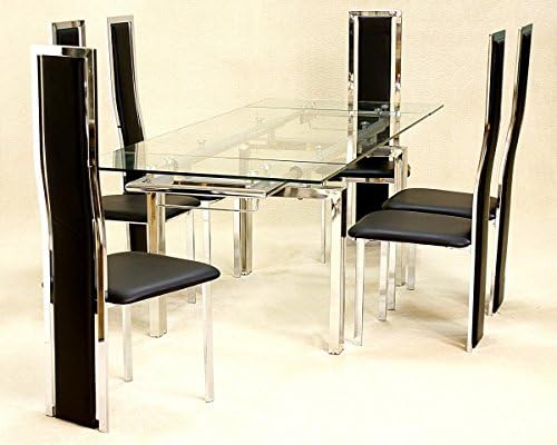Crystal Extending Glass Dining Table 6 Trinity Chairs, Dining Room Table & Chair Set, Crystal Extending 1500W + (2 * 350) x 900D 6 Trinity PU Chrome Chairs, Dining Room Furniture, Cream