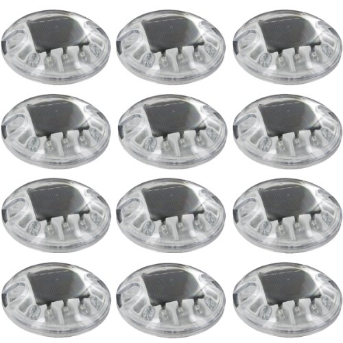(12 Pack) Solar White LED Round Polycarbonate Road Stud Deck Dock Path Light