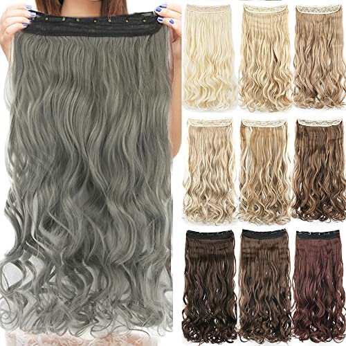 IMISSU Long Natural Thick Hair Curly Clip in on Synthetic Hair Extensions Hairpieces for Women (24 Inch,Dark Gray)