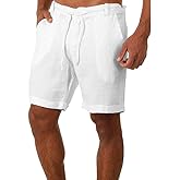 Men's Linen Casual Classic Short Elastic Waist Summer Beach Lightweight Board Slim-Fit with Pockets