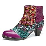Socofy Block Heel Ankle Booties,Women's Bohemian Splicing Pattern Side Zipper High Block Heel Ankle Leather Boots