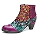 socofy Block Heel Ankle Booties,Women's Bohemian Splicing Pattern Side Zipper High Block Heel Ankle Leather Boots