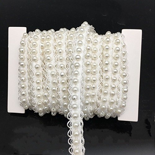 FQTANJU 5 Yards Faux Pearls Lace Ribbon Applique Pearl Fringe for Wedding Party Decoration, Home Deco, Lamp Shade, Costume, Lvory.