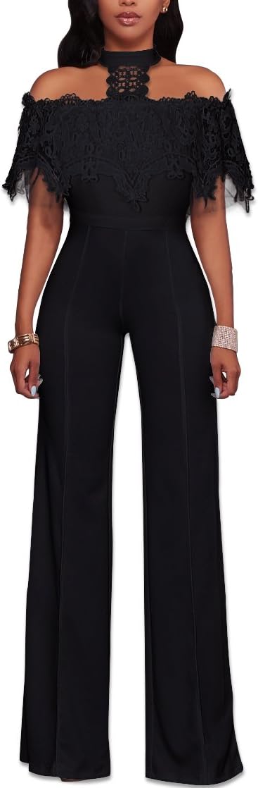 Misschicy Womens Sexy Off Shoulder Halter Lace Wide Leg Pants High Waist Jumpsuits Rompers Casual Playsuit