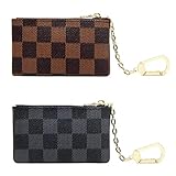 Luxury Zip Checkered Coin Pouch PU Vegan Leather Mini Key Chain Purse Wallet (Style 1 - Black + Brown)
