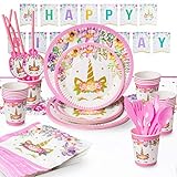 Unicorn Party Supplies Set 144PC For 16 Guests With Happy Birthday Banner For Girl’s Birthday Party Including Unicorn Party Plates With Dessert Plates, Unicorn Tablecloth, Cups & Straws, Cutlery Set