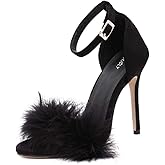 MMJULY Women's Open Toe Ankle Strap Fluffy Feather Stiletto High Heel Dress Sandal