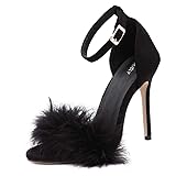 MMJULY Women's Open Toe Ankle Strap Fluffy Feather