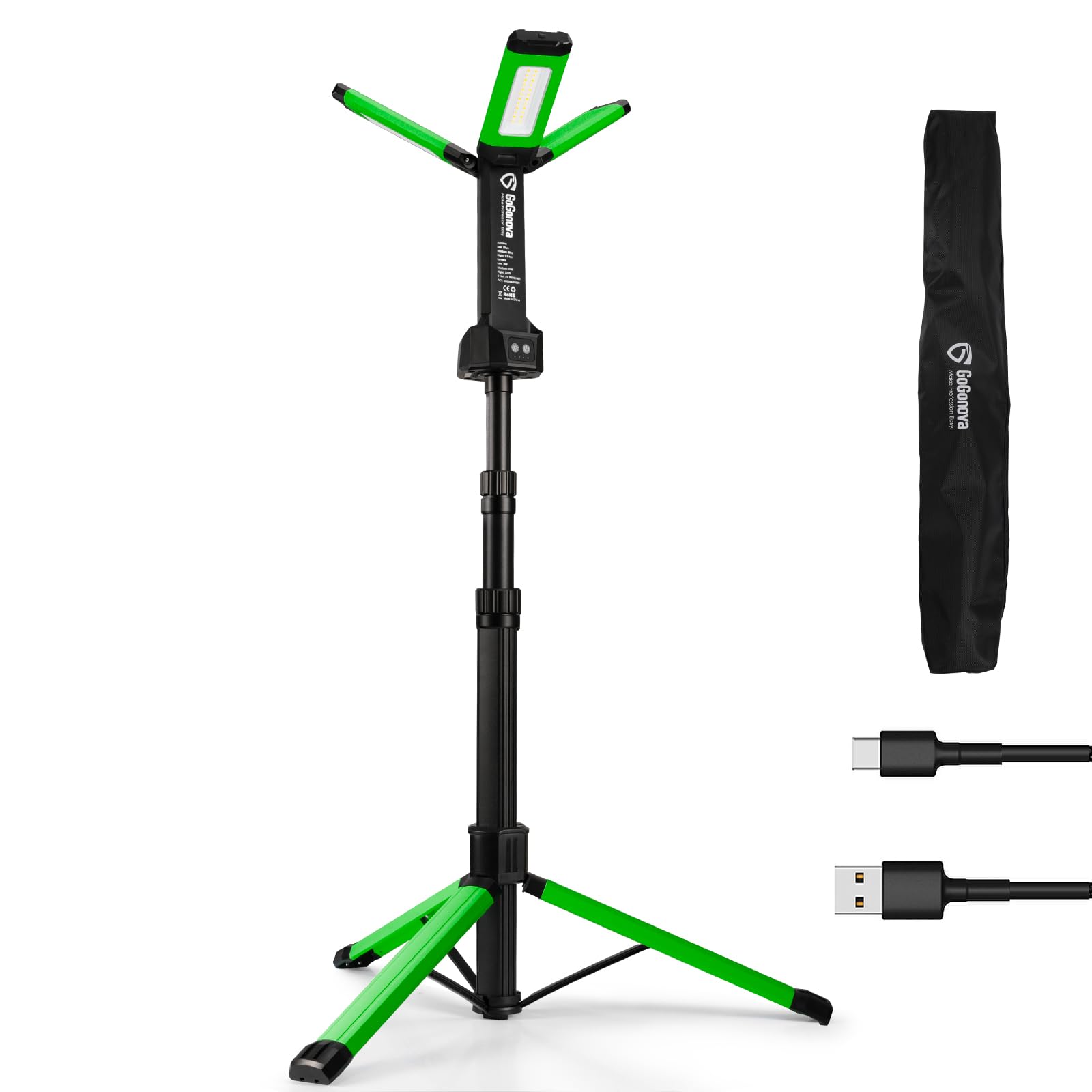 Rechargeable Work Light with Stand, GoGonova Cordless Work Light with Triple LED Lamps, 8AH Battery, 700/1200/2200 Lumen, 4000/6500K Dimmable Camping Light with Detachable Tripod (Green) Image