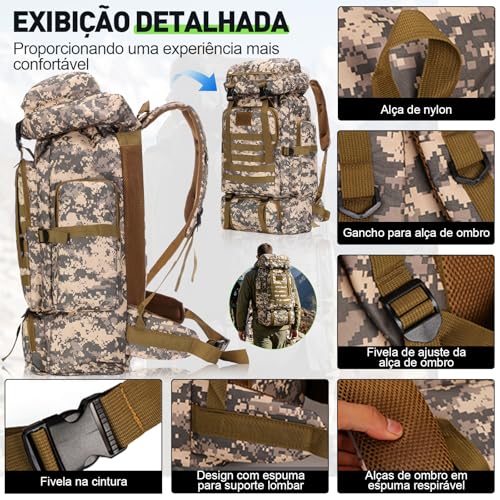 Mochila de Viagem 80L Impermeável para Camping e Trilha, Mochila Esportiva Grande Multifuncional com Compartimentos Amplos, Alças Confortáveis e Suporte para Equipamentos Outdoor, Camuflado