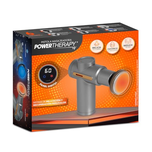 Power Therapy Pistola De Masaje Muscular con 6 Cabezales Intercambiables, Portátil, Frío y Calor, 6 Niveles de Intensidad, Recargable USB Tipo C, Masajeador Muscular Inalámbrico Gris Metálico