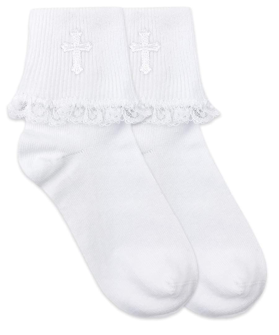 Jefferies Socks Girls First Holy Communion Lace Trim Cross Turn Cuff