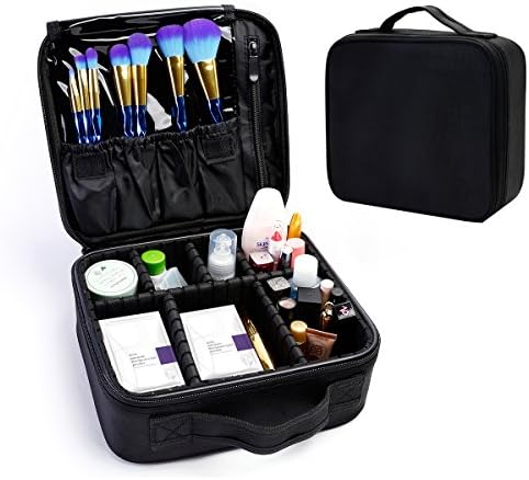 CHACCA Portable Travel Makeup Case Cosmetic Bags with Adjustable Divider, 3 Layers Large Capacity Makeup Train Case Storage Box for Makeup Brushes Toiletry Jewelry,10"(L) x 9.4"(W) x 4"(H),Black