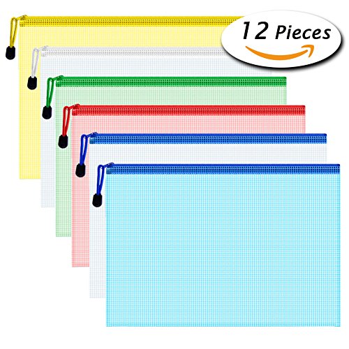 Paxcoo 12 Pcs 5 Colors A4 Plastic Zip File Paper Document Folder Bags Storage Pouch