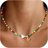 RINTOLER Gold Initial Necklace for Women - Handmade Bohemian Colorful Beaded Initial Stainless Steel 18K Plated Gold Choker Necklace with Heart Shells Letter A Pendant Necklace Jewelry Gifts