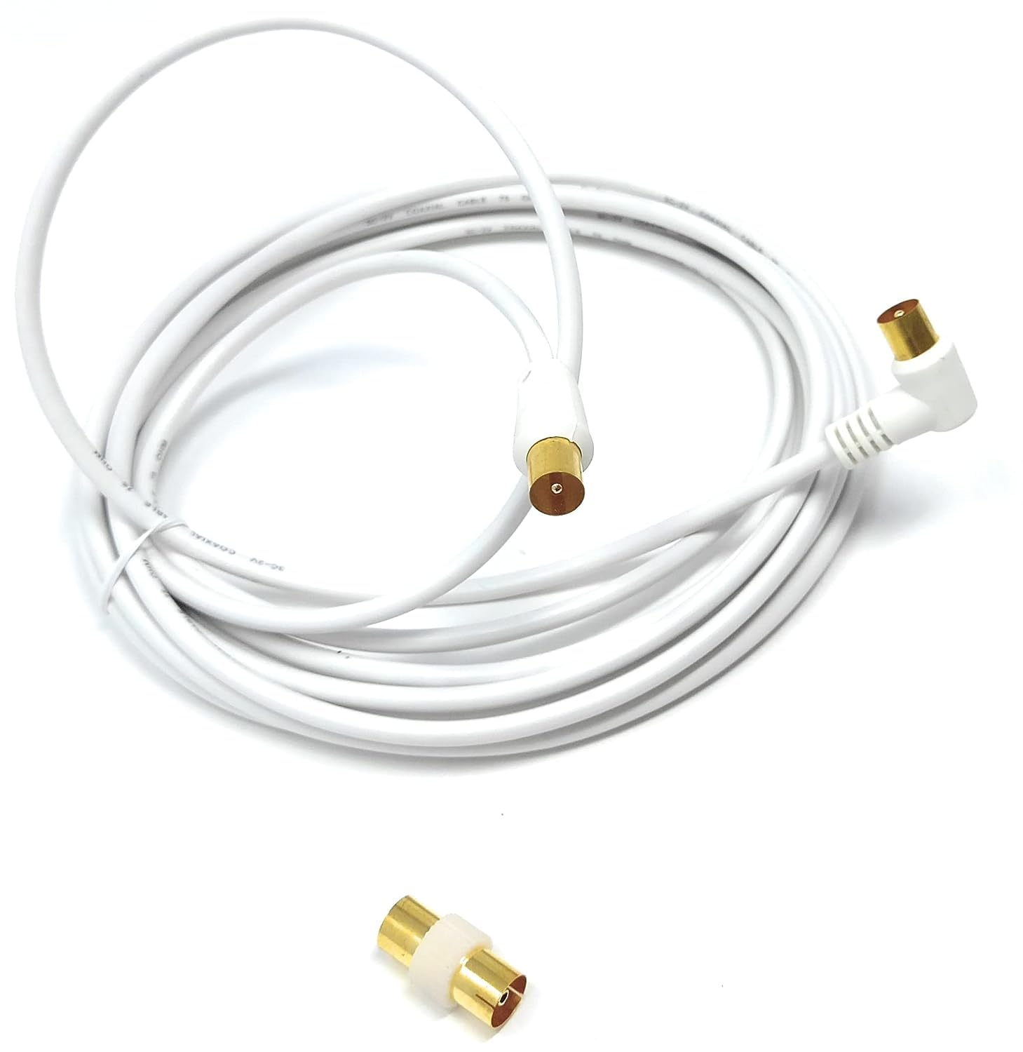 DRUT 4m TV RF Right Angle Male to Male Aerial Antenna Coaxial Cable With Female to Female Coupler Gold Connectors 75 ohm, 3C2V 13ft White