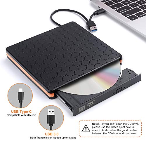 External CD Drive, Optical Drive with USB 3.0 & Type-C for VCD/DVD/CD -ROM/ -R/ +R /-RW Burner/Reader/Writer, Compatible for Windows/Linux/MAC OS (Orange-a)
