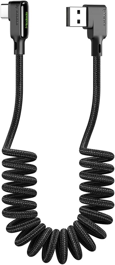 [Type-C] Anti Winding Cable, Mcdodo 90 Degree QC 4.0 USB C Charging Data Coiled Cable Nylon Braided LED Compatible with Samsung Galaxy S10,S9,S8+,Google,Nexus 6P,LG,HTC& More (Type C Black, 6FT/1.8M)