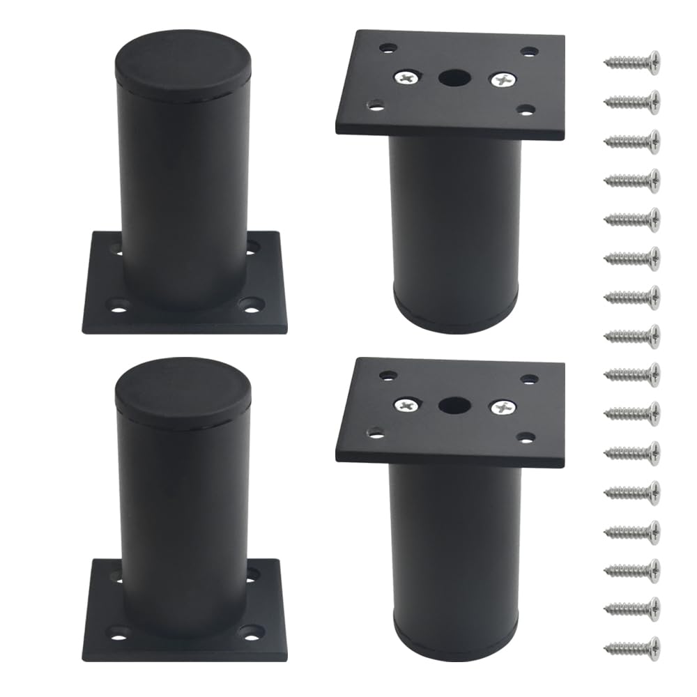WMYCONGCONG 4 Pcs Adjustable Furniture Cabinet Metal Legs 3 inch Height Round Black Sofa Bed Kitchen Feet Desk Shelves Couch Table Support Foot with Screws, 2 inch Dia