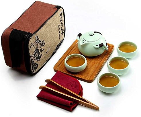 Portable Travel Tea Set handmade Chinese / Japanese vintage Gongfu tea set -Porcelain Teapot&amp;Teacups&amp;Bamboo Tea Tray&amp;Tea Clip&amp;Handkerchief with a portable travel bag(pale green,4 cups)