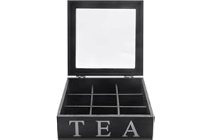 AIDIRui Wooden 9 Grids Tea Box Tea Bags Container Storage Box Square Gift Box Case Transparent Top Lid Jewelry Storage Box-Bl