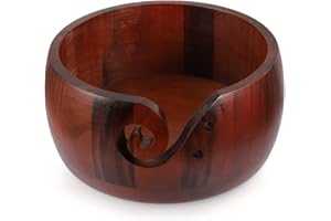 LucyPhy Wooden Yarn Bowl 6.7 x 3.2inch Handmade Craft Knitting Bowl Wool Storage Basket with Carved Holes & Drills for DIY Knitting Crocheting Accessories(Brown Color)
