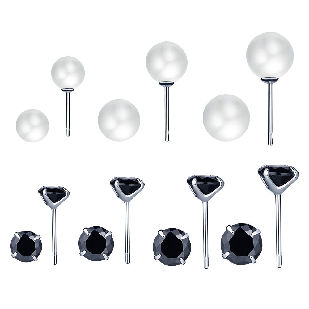 7 Pair Sterling Silver Earrings Set Simulated Pearl Black Zircon Studs Earrings for Women