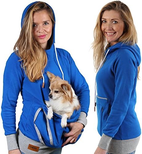 Roodie Pet Pouch Hoodie - Small Cat Dog Carrier Holder Sweatshirt - Womens Fit Kangaroo Pullover Without Ears and Paws - Blue with Gray Trim - XL (Small Pocket Version)