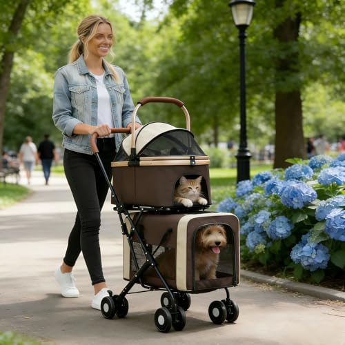 Beauenty Double Pet Stroller for Dogs and Cats, Lightweight Folding Pet Dog Stroller for Small Medium Dogs Cats, 2 Detachable Carrier Bags, 4 Lockable Wheels & Safety Belts, Brown