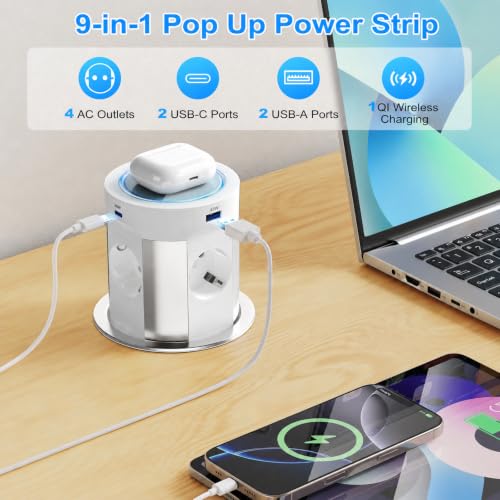 Worktop retractable socket, 2 USB-C 75 W Total, Qi 15 W, Ø100 mm | Built-in power strip with single push outlet, 4 AC outlets, 2 USB-A 45W+30W, kitchen and central island, white