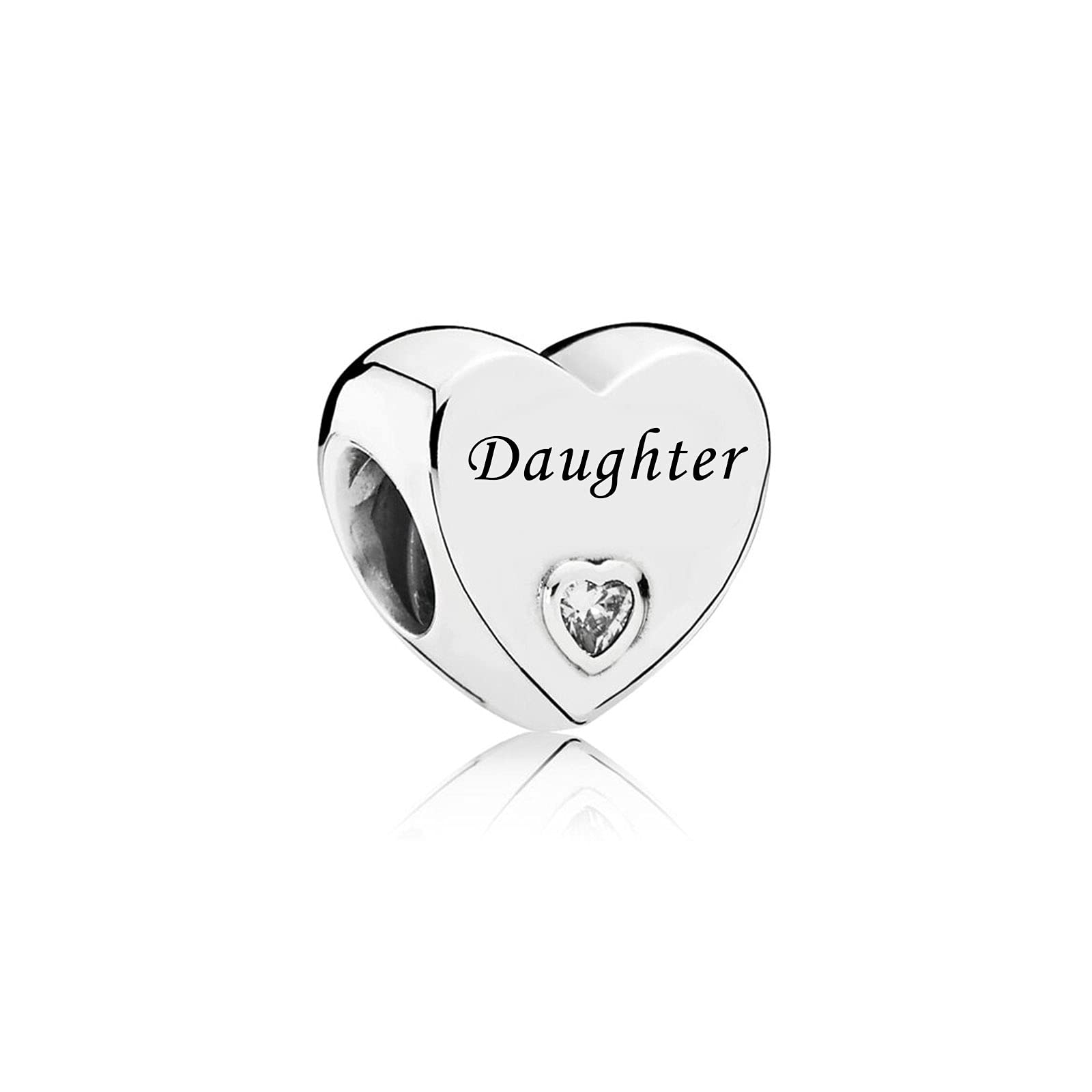 FGT Daughter Sterling Silver Clear CZ Heart Charm fits Pandora Charms Bracelets Necklaces Pendants Birthday Jewellery Gift for Women Mum Mother's Day