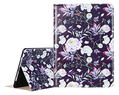 New iPad 2017 9.7 inch Case, Lontect Floral Design PU Leather Folio Flip Smart Case Cover Stand with Auto Wake/Sleep for New iPad 2017 9.7 Inch / iPad Pro 9.7 inch - White Flower