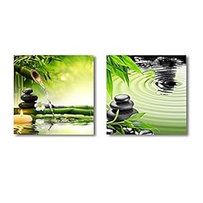 Canvas Wall Art - Zen Basalt Stones and Bamboo | Modern Home Art 2 Panel Canvas Prints Giclee Printing & Ready to Hang - 12"x12" x 2 Panels
